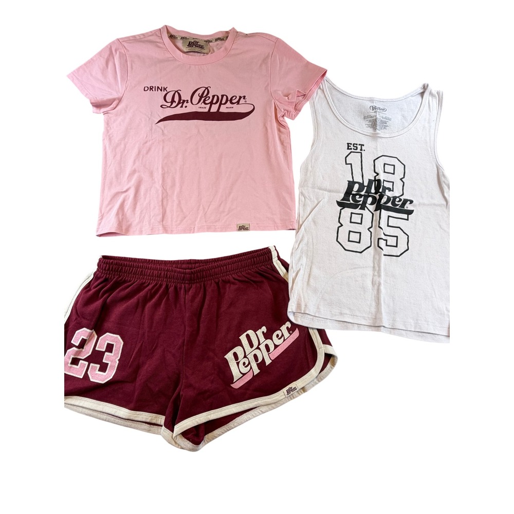 Dr Pepper 3 Piece Set Pink Graphic Tee White Tank Maroon Shorts Womens Medium